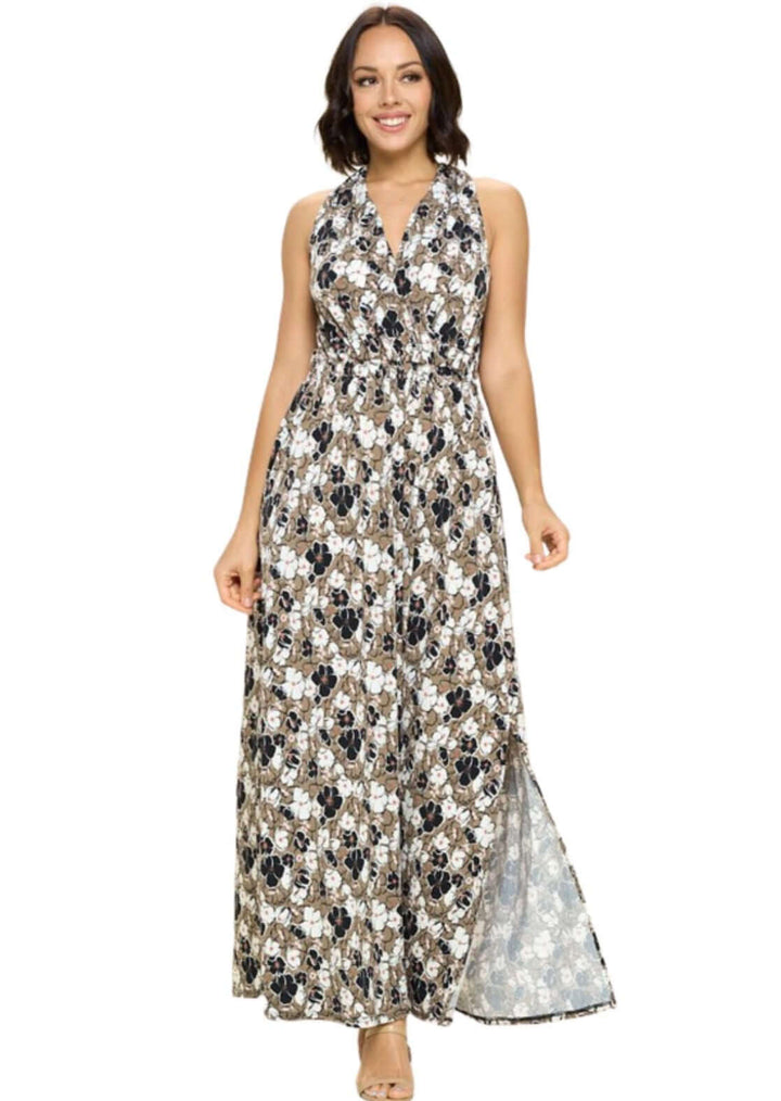 USA Made Ladies Floral Printed Halter Maxi Dress in Taupe with Black, White & Pink Floral Design | Classy Cozy Cool Women's Made in America Boutique