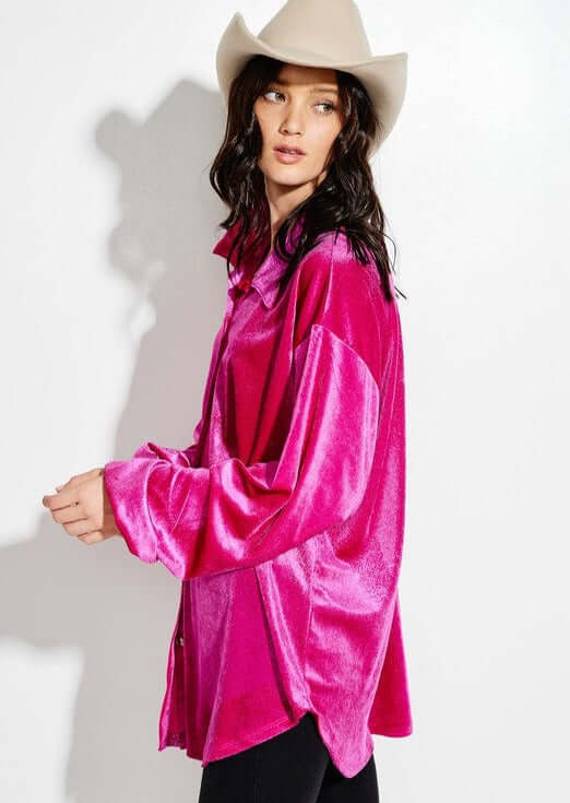 USA Made Women's Shiny Soft Oversized Velvet Button Down Shirt Jacket in Fuchsia | Classy Cozy Cool Women's Made in America Boutique