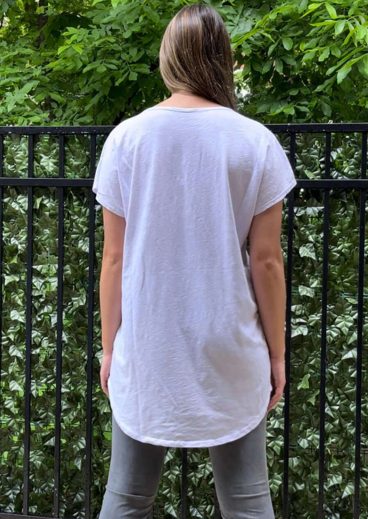 USA Made Women's V-Neck High Low Hem Oversized Lightweight Comfortable Fabric Tee in White | Classy Cozy Cool Women's Made in America Clothing Boutique