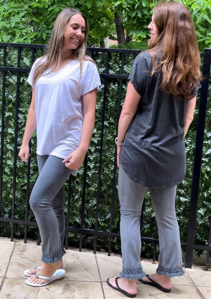 USA Made Women's V-Neck High Low Hem Oversized Lightweight Comfortable Fabric Tee in White or Grey | Classy Cozy Cool Women's Made in America Clothing Boutique