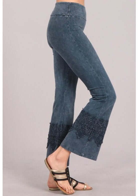 Chatoyant Style# C30612 Ladies Mineral Washed Navy Cropped Flare Pants with Crochet Detail on Calf Made in USA Made Cotton Fabric | Made in America | Classy Cozy Cool Ladies Made in USA Boutique
