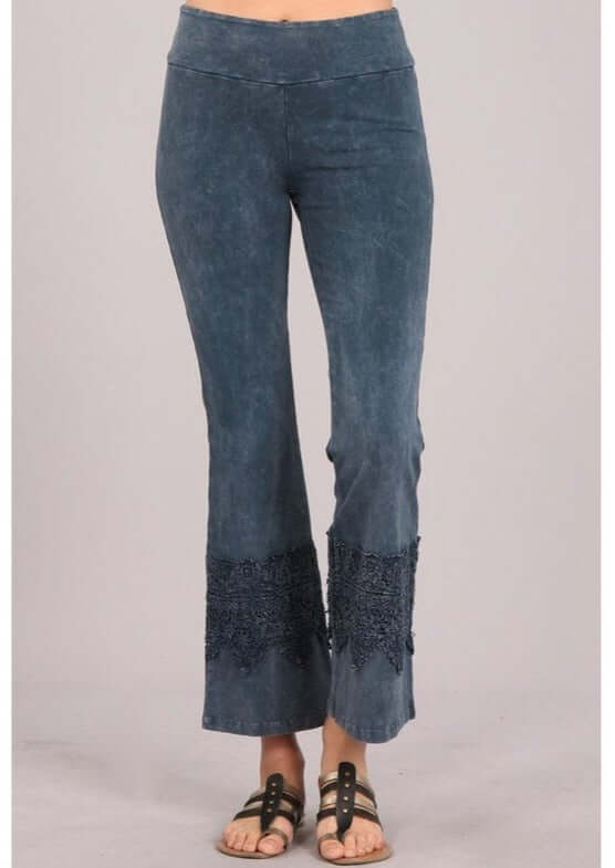 Chatoyant Style# C30612 Ladies Mineral Washed Navy Cropped Flare Pants with Crochet Detail on Calf Made in USA Made Cotton Fabric | Made in America | Classy Cozy Cool Ladies Made in USA Boutique