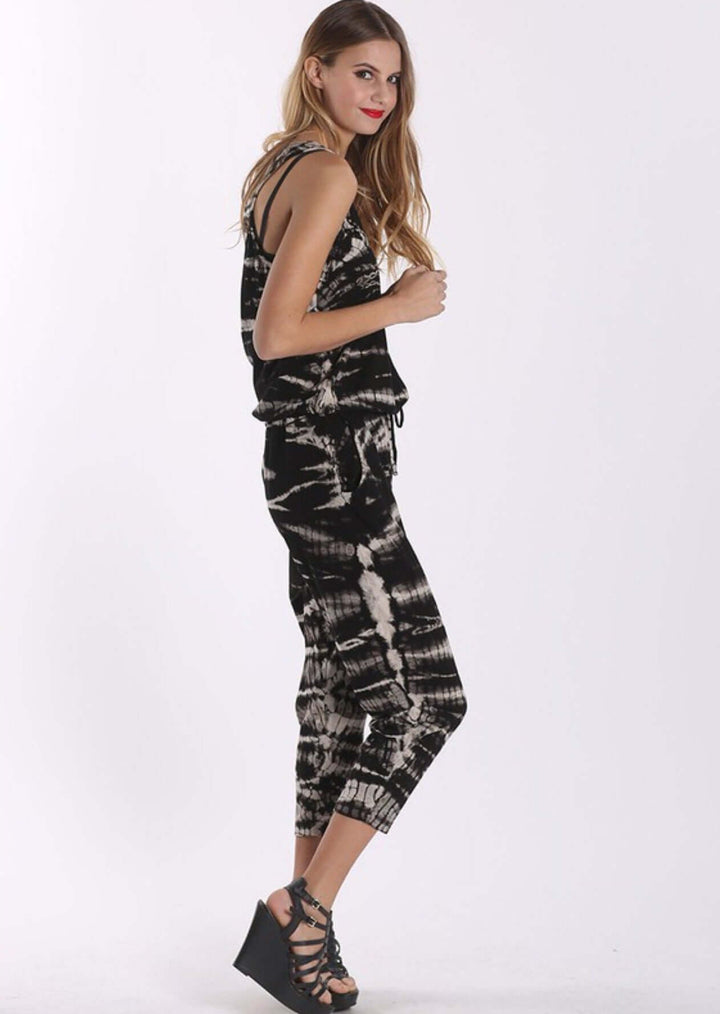 Made in USA Women's Cotton Tank Style Jumpsuit/Romper Capri Length Drawstring Waist Medium Weight Material Side Pockets Cozy & Well Made Black Tie Dye Design