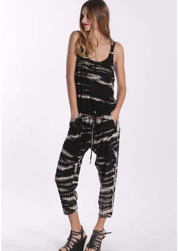 Made in USA Women's Cotton Tank Style Jumpsuit/Romper Capri Length Drawstring Waist Medium Weight Material Side Pockets Cozy & Well Made Black Tie Dye Design