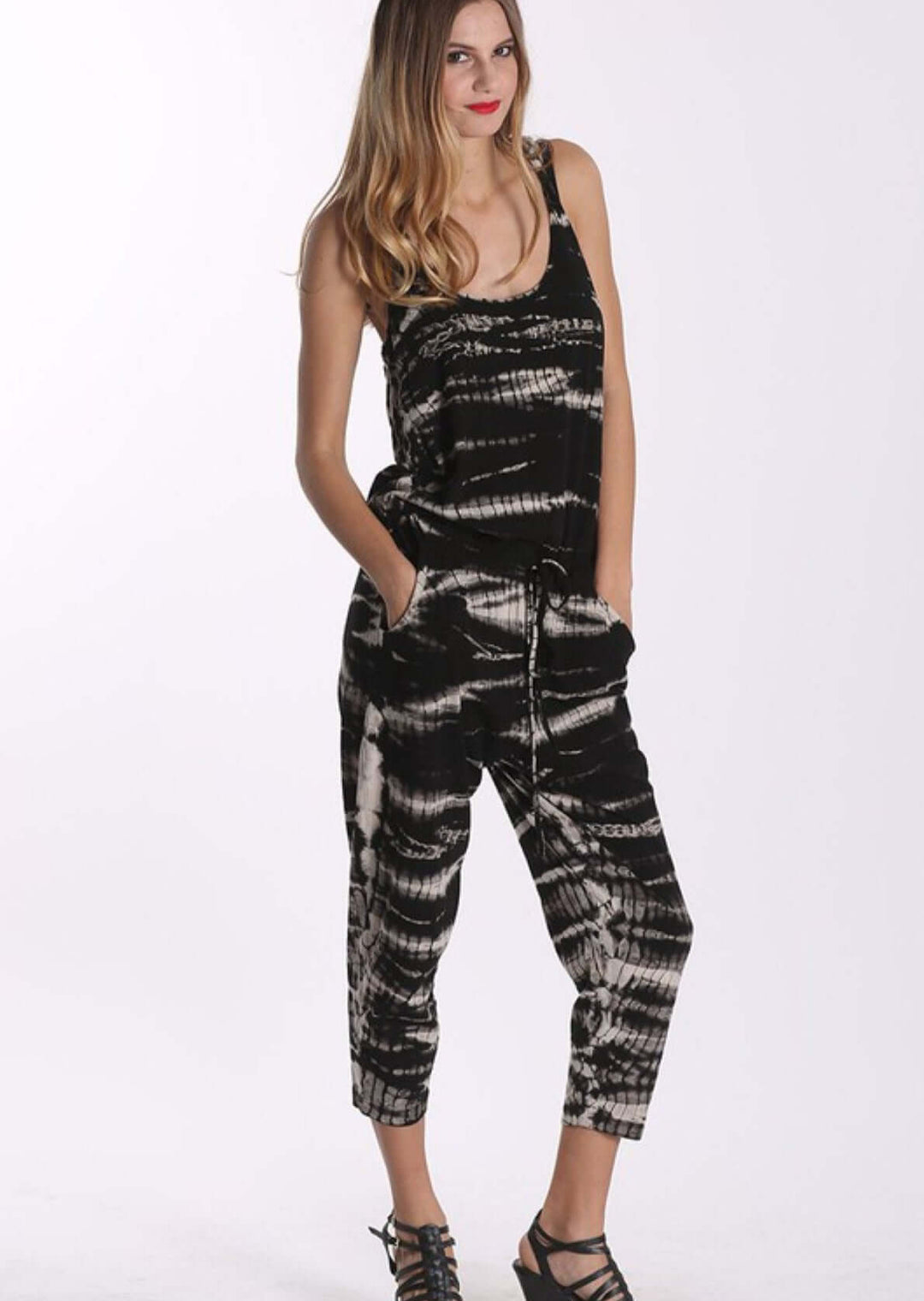 Made in USA Women's Cotton Tank Style Jumpsuit/Romper Capri Length Drawstring Waist Medium Weight Material Side Pockets Cozy & Well Made Black Tie Dye Design