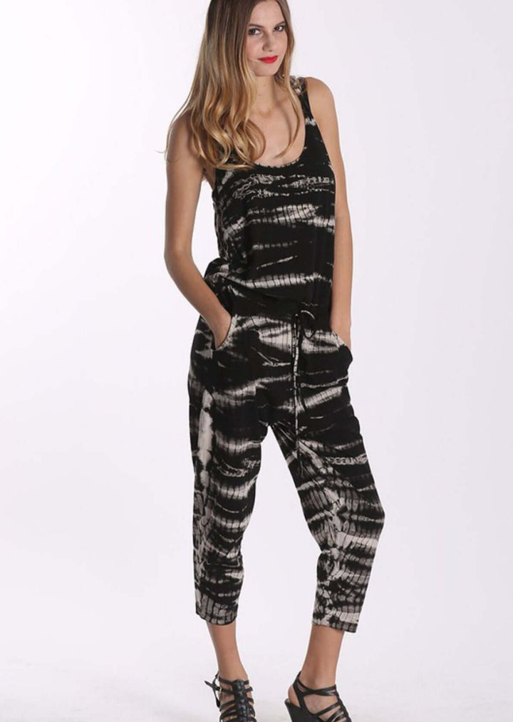 Made in USA Women's Cotton Tank Style Jumpsuit/Romper Capri Length Drawstring Waist Medium Weight Material Side Pockets Cozy & Well Made Black Tie Dye Design