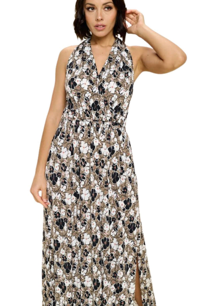 USA Made Ladies Floral Printed Halter Maxi Dress in Taupe with Black, White & Pink Floral Design | Classy Cozy Cool Women's Made in America Boutique