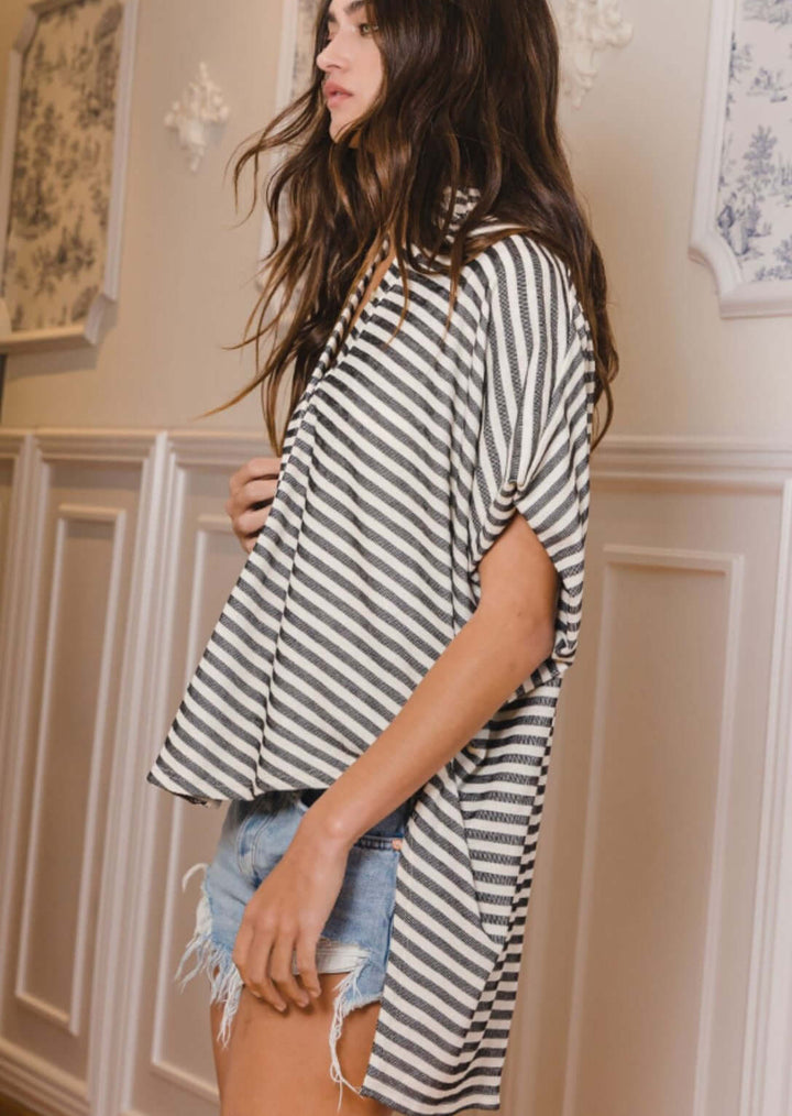 Bucket List Clothing Style T1702 | Ladies Button Down Hidden Placket High Low Top in Black & White Stripe Pattern | Made in USA | Classy Cozy Cool Women's Made in America Boutique