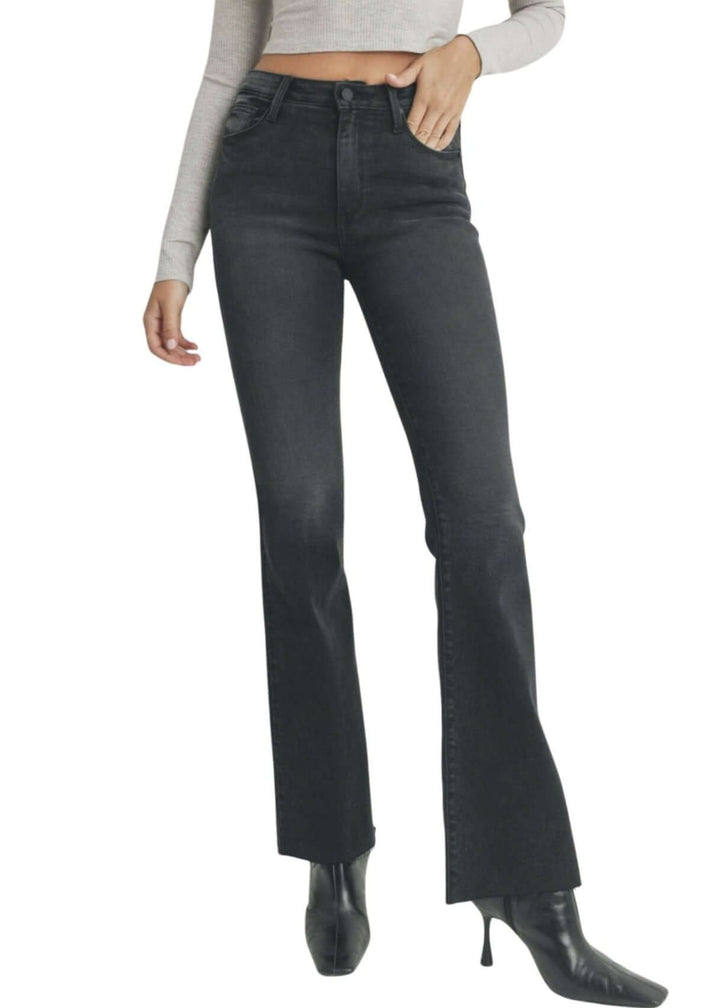 Just Black Denim Style# BP333J | Women's Fall Flare Washed Black Denim Jeans with Scissor Cut Hem | Made in USA | Classy Cozy Cool Women's Made in America Clothing Boutique