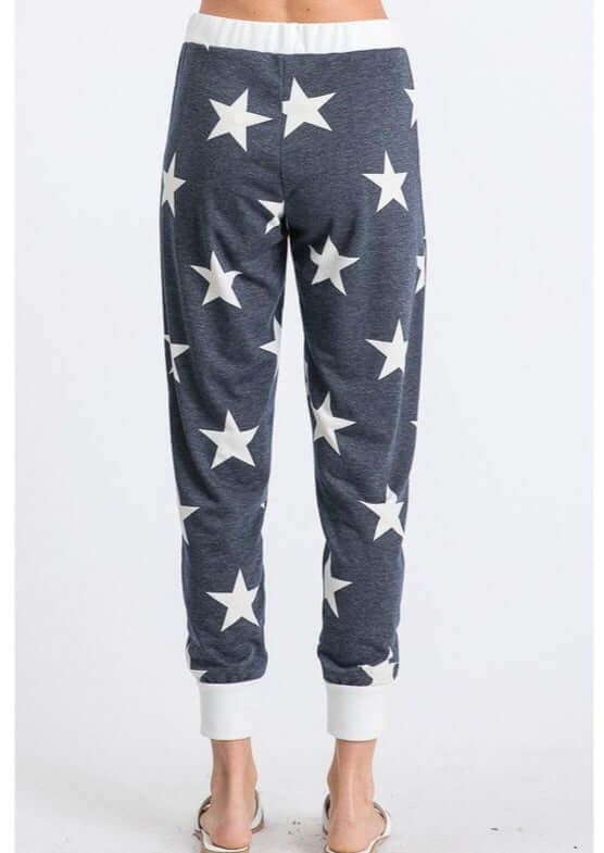 USA Made Ladies Star Print Soft & Cozy Loungewear Joggers in Navy with Off White Stars | Classy Cozy Cool Women's Made in America Clothing Boutique