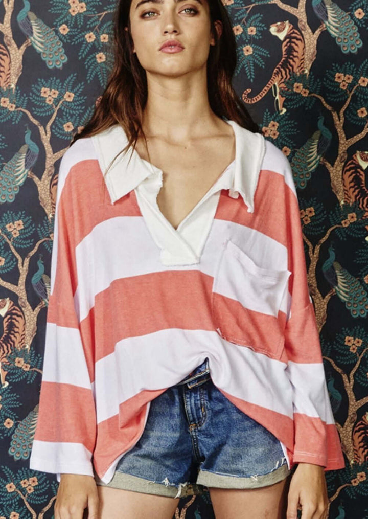 Women's Striped Big Collared V-Neck Pullover Sweatshirt in Coral & White | Brand: Bucket List Clothing | Style T1211 | Made in USA | Classy Cozy Cool Women’s Made in America Clothing Boutique