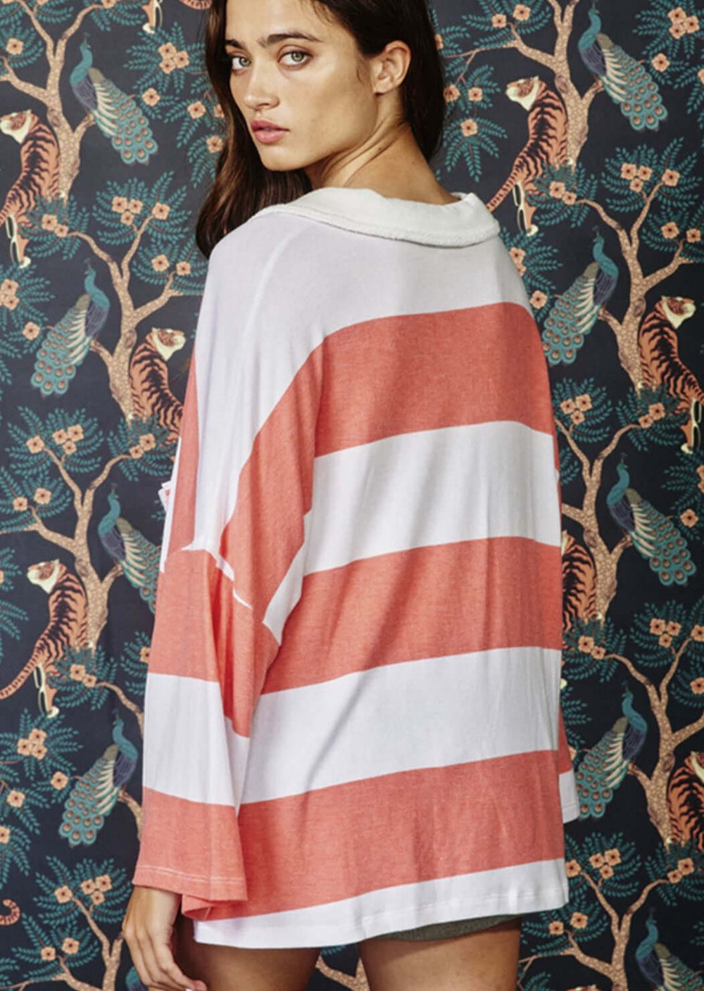 Women's Striped Big Collared V-Neck Pullover Sweatshirt in Coral & White | Brand: Bucket List Clothing | Style T1211 | Made in USA | Classy Cozy Cool Women’s Made in America Clothing Boutique