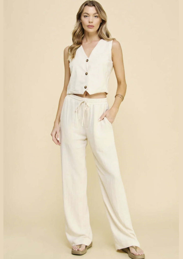 USA Made Linen Blend Bootcut Pants with Pockets - Relaxed Fit Drawstring & Elastic Waist Side | Classy Cozy Cool Women's American Boutique