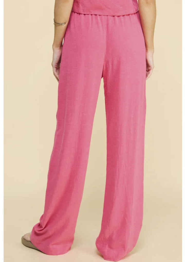 USA Made Linen Blend Bootcut Pants with Pockets in Fuchsia - Relaxed Fit Drawstring & Elastic Waist Side | Classy Cozy Cool Women's American Boutique