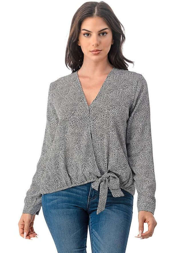 Women's Micro Animal Printed Dressy Wrap Top with Tie Front Detail in Black | Made in USA | Classy Cozy Cool Women's Made in USA Boutique