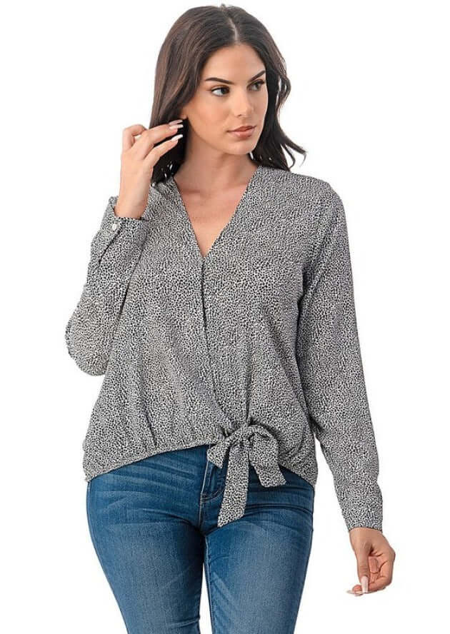 Women's Micro Animal Printed Dressy Wrap Top with Tie Front Detail in Black | Made in USA | Classy Cozy Cool Women's Made in USA Boutique