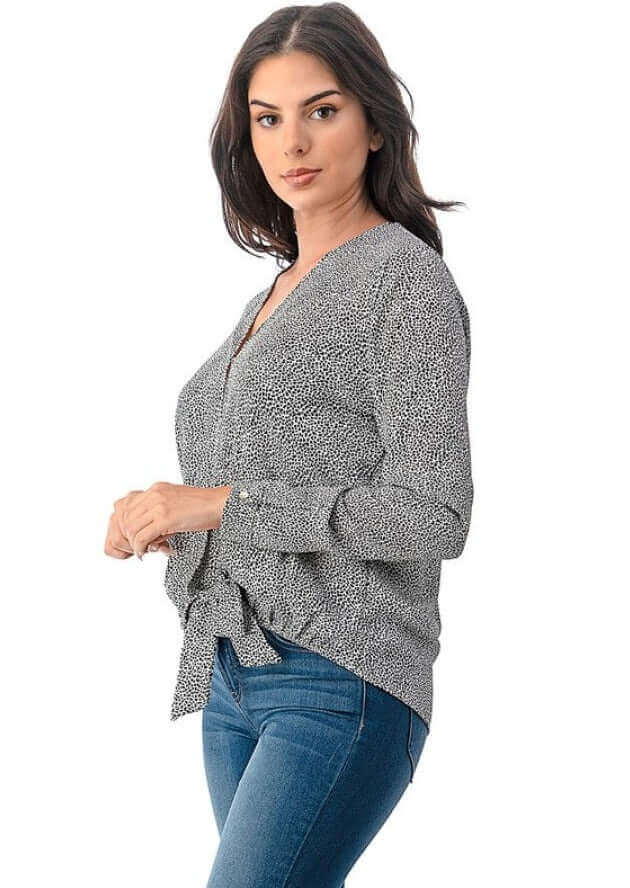 Women's Micro Animal Printed Dressy Wrap Top with Tie Front Detail in Black | Made in USA | Classy Cozy Cool Women's Made in USA Boutique