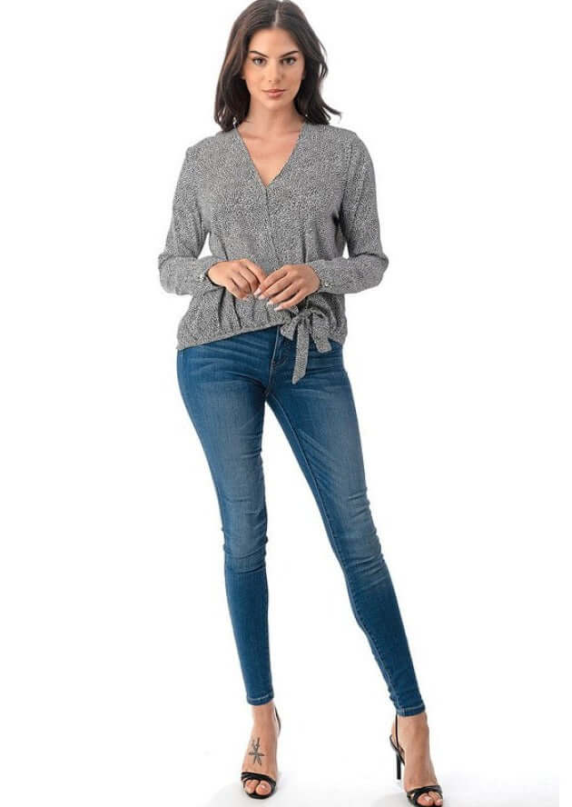 Women's Micro Animal Printed Dressy Wrap Top with Tie Front Detail in Black | Made in USA | Classy Cozy Cool Women's Made in USA Boutique