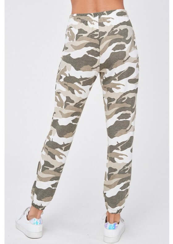 USA Made Ladies Super Soft Camo Loungewear with Jogger Style Lounge Pants | Color is this set: Army Green, Off White, Taupe  | Classy Cozy Cool Women's Made in America Clothing Boutique