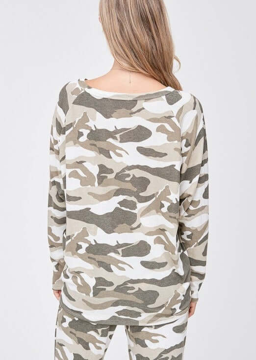 USA Made Ladies Super Soft Camo Loungewear with Jogger Style Lounge Pants | Color is this set: Army Green, Off White, Taupe  | Classy Cozy Cool Women's Made in America Clothing Boutique