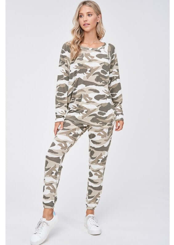 USA Made Ladies Super Soft Camo Loungewear with Jogger Style Lounge Pants | Color is this set: Army Green, Off White, Taupe  | Classy Cozy Cool Women's Made in America Clothing Boutique