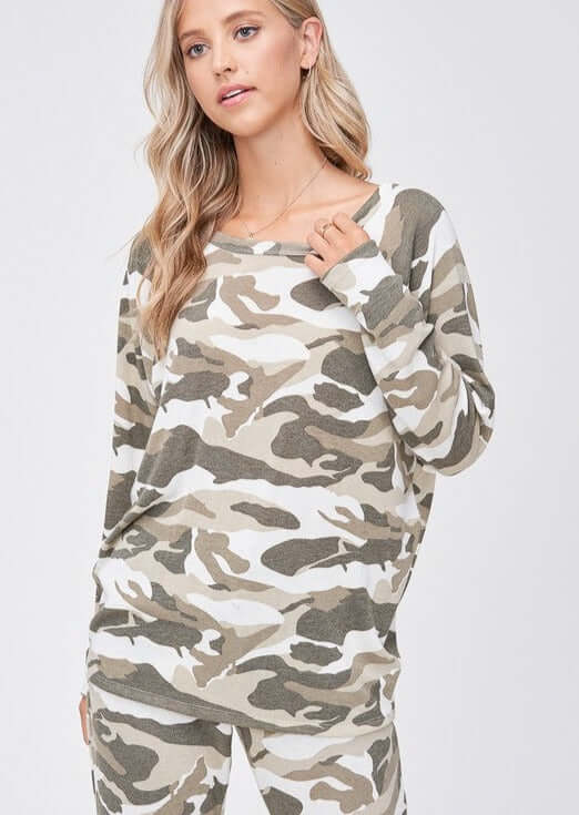 USA Made Ladies Super Soft Camo Loungewear with Jogger Style Lounge Pants | Color is this set: Army Green, Off White, Taupe  | Classy Cozy Cool Women's Made in America Clothing Boutique