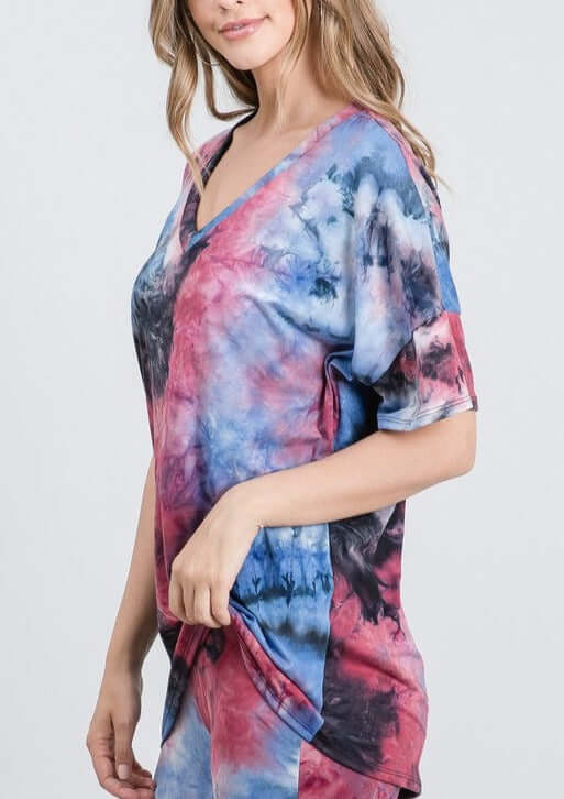 Made in USA Oversized Women's Multi Colored Super Soft Tie Dye Casual V-Neck Tee | Classy Cozy Cool Women's Made in America Clothing Boutique