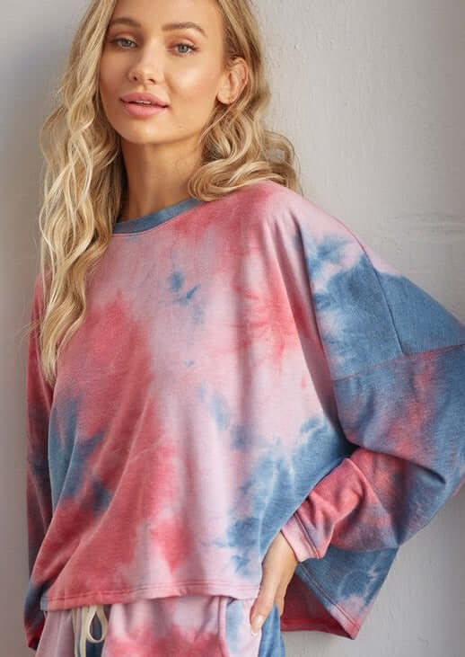 Ladies' Tie Dye Lounge Set with Cropped Long Sleeve Top & Drawstring Shorts in Red & Blue  Made in USA | Classy Cozy Cool Women's Made in America Clothing Boutique