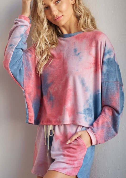 Ladies' Tie Dye Lounge Set with Cropped Long Sleeve Top & Drawstring Shorts in Red & Blue  Made in USA | Classy Cozy Cool Women's Made in America Clothing Boutique