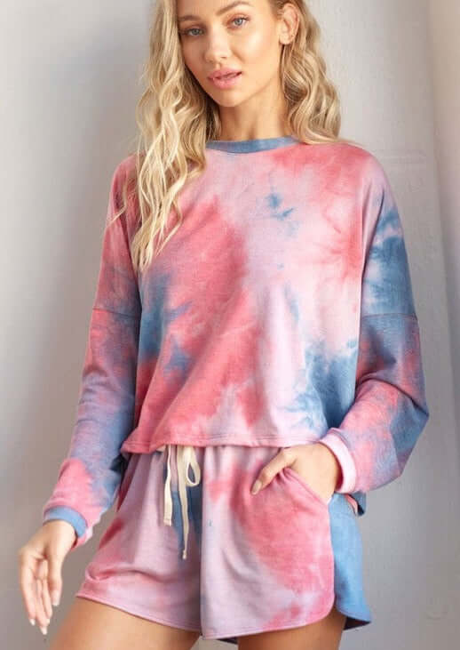 Ladies' Tie Dye Lounge Set with Cropped Long Sleeve Top & Drawstring Shorts in Red & Blue  Made in USA | Classy Cozy Cool Women's Made in America Clothing Boutique