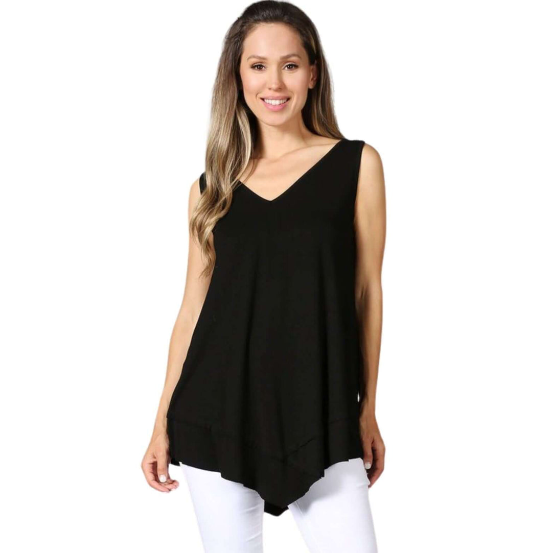 USA Made Ladies Black Sleeveless V-Neck Asymmetrical Top | Chatoyant Style C11307 | Classy Cozy Cool Women's American Made Boutique