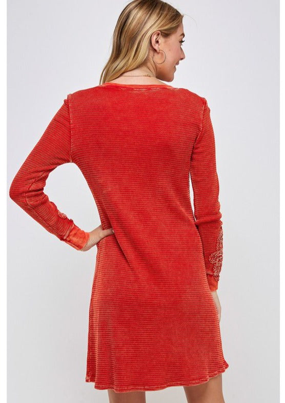 USA Made Ladies Vintage Textured Thermal Crochet Cuff Long Sleeve Cotton Blend Mini Dress in Tomato Red | Classy Cozy Cool Women's Made in America Clothing Boutique