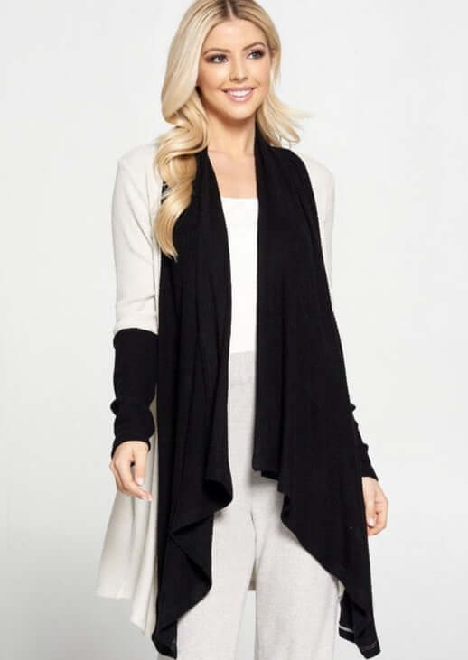 USA Made Ladies Color Block Draped Open Front Cardigan in Black & Ivory | Renee C Style# 4152JK | Made in USA | Classy Cozy Cool Women's Made in America Clothing Boutique