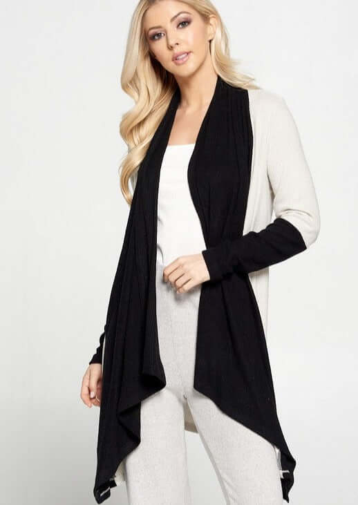 USA Made Ladies Color Block Draped Open Front Cardigan in Black & Ivory | Renee C Style# 4152JK | Made in USA | Classy Cozy Cool Women's Made in America Clothing Boutique