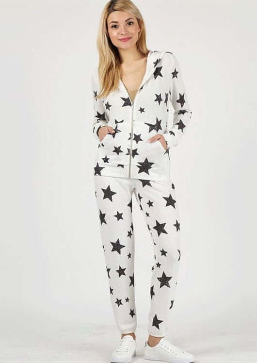 Made in USA Super Soft Loungewear Set Includes Zip Up Hoodie & Joggers with Stars Design in Off White with Charcoal Black Stars | Classy Cozy Cool Women's Made in America Clothing Boutique