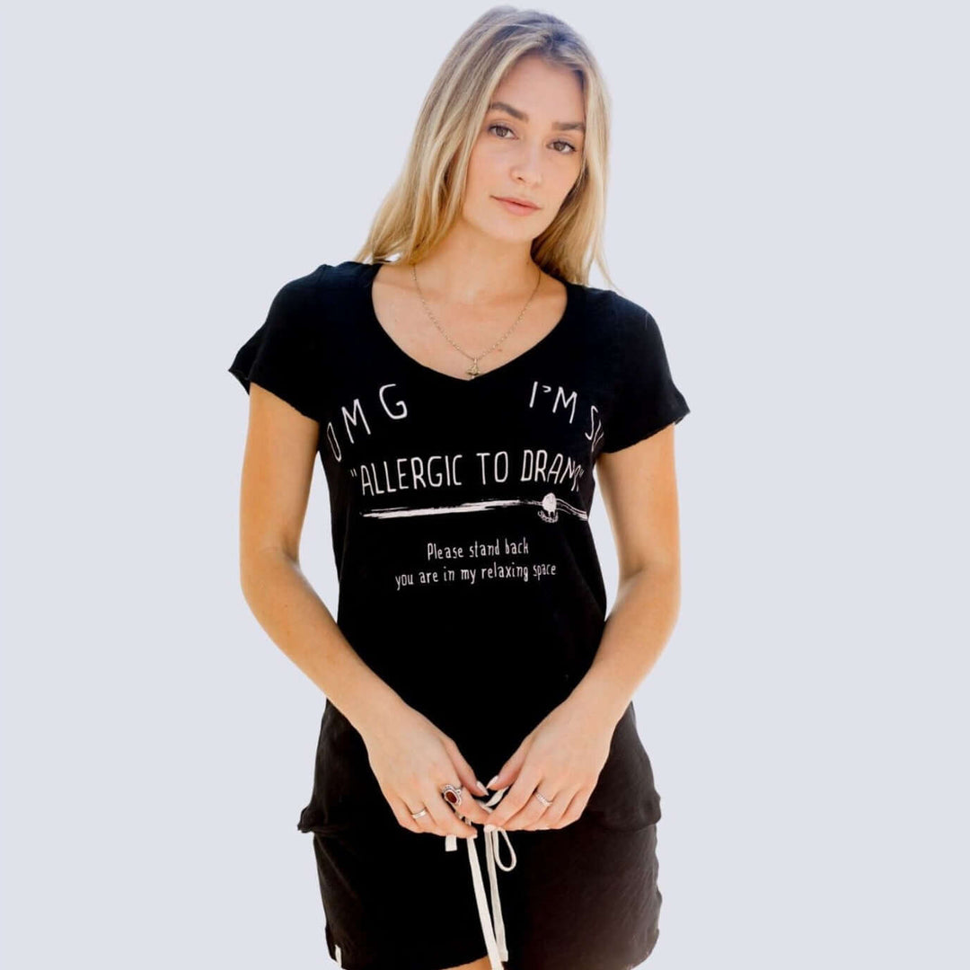 Sleepaholik Allergic to Drama Graphic Black V-Neck Lounge Tee | Made in USA | Soft Vintage Washed Cotton | Classy Cozy Cool Women's Made in America Clothing Boutiqu