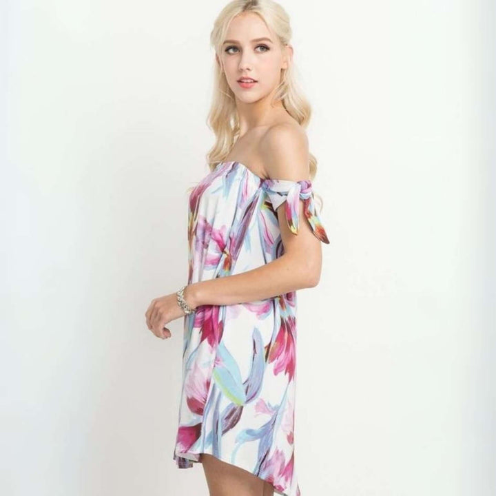 Made in USA Women's Floral Off the Shoulder Mini Dress with Tie Sleeve Detail and Side Pockets in Blue, Pink & White Floral Pattern | Also Perfect as Swim Cover Up or Tunic
