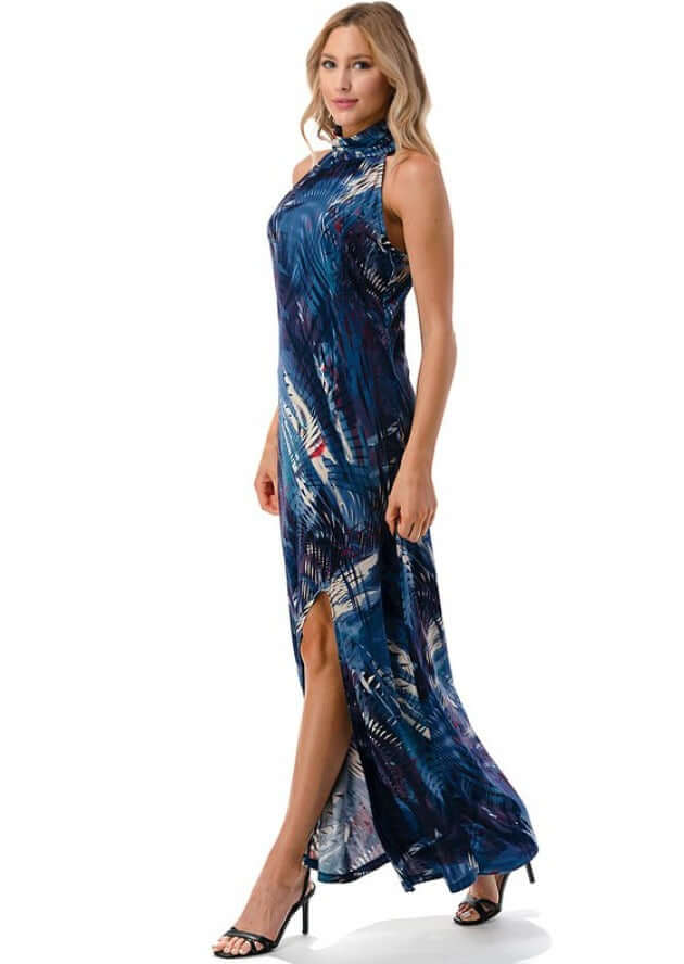 Made in USA Women's Abstract Print Halter Style Maxi Dress with Side Slit and Keyhole Back Closure | Event Dress, Resort Dress, Evening Wear, Cocktail Dress