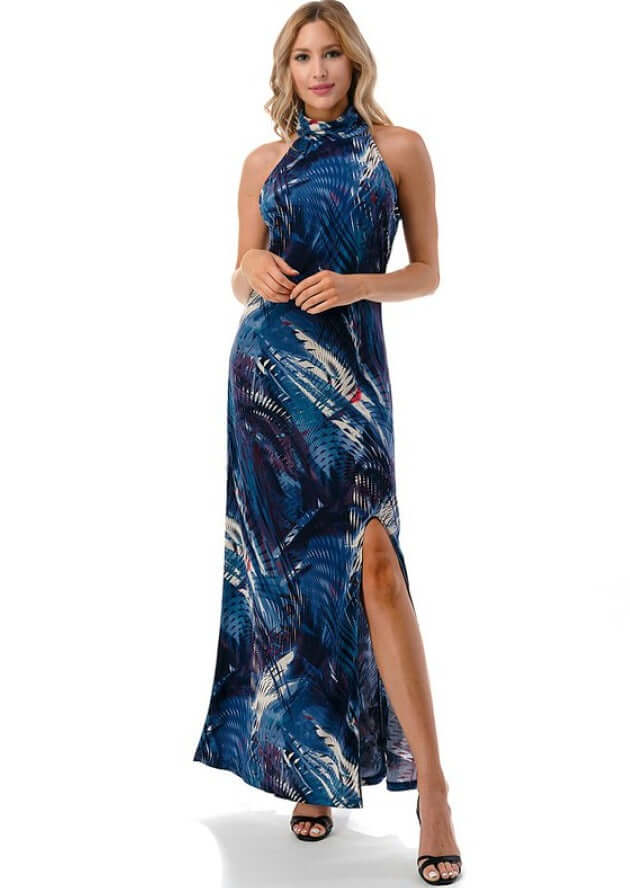 Made in USA Women's Abstract Print Halter Style Maxi Dress with Side Slit and Keyhole Back Closure | Event Dress, Resort Dress, Evening Wear, Cocktail Dress