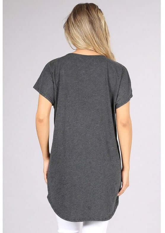USA Made Women's V-Neck High Low Hem Oversized Lightweight Comfortable Fabric Tee in Grey | Classy Cozy Cool Women's Made in America Clothing Boutique