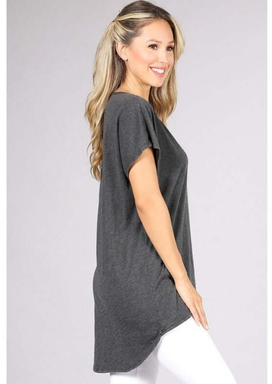 USA Made Women's V-Neck High Low Hem Oversized Lightweight Comfortable Fabric Tee in Grey | Classy Cozy Cool Women's Made in America Clothing Boutique