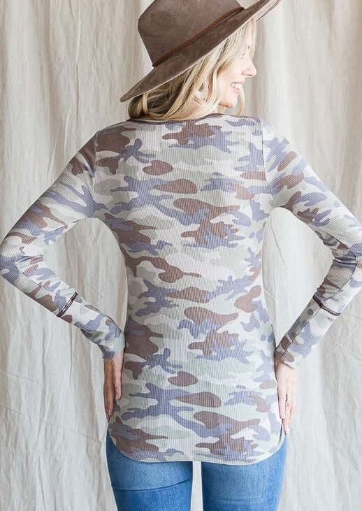 Women's Camo Print Scoop Neck Long Sleeve Fitted Tee with Button Detail | Made in USA | Classy Cozy Cool Women's Made in America Clothing Boutique