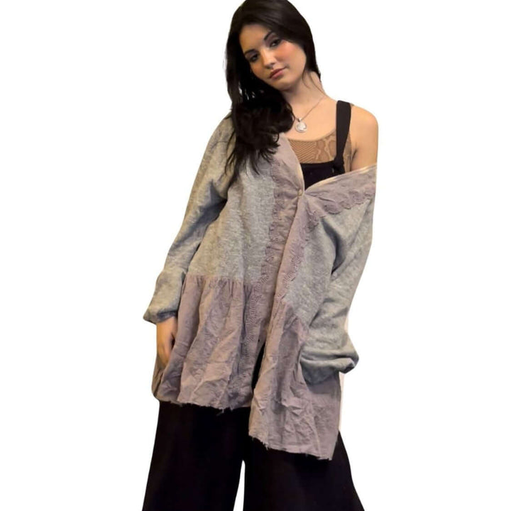 Jaded Gypsy Star Destination Button Down Lace Detail Sweater Cardigan in 2-Tone Grey | Bohemian Sweater Cardigan Made In USA