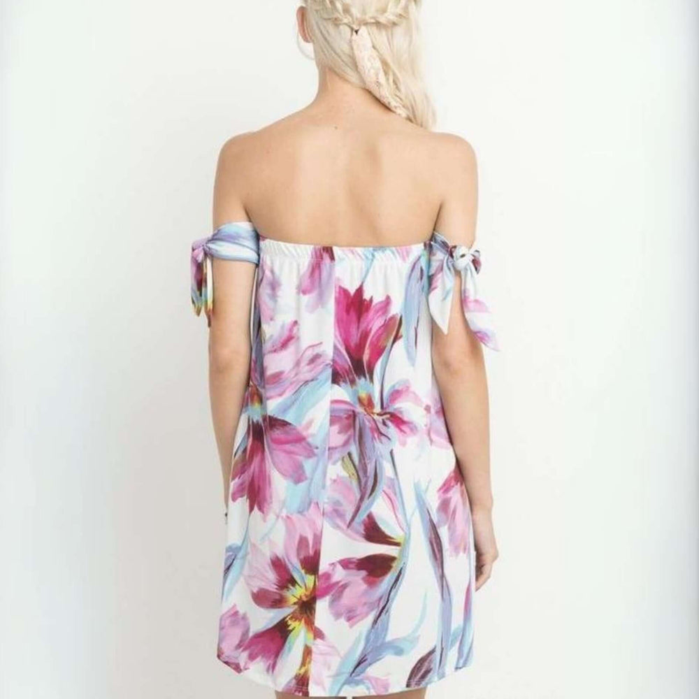 Made in USA Women's Floral Off the Shoulder Mini Dress with Tie Sleeve Detail and Side Pockets in Blue, Pink & White Floral Pattern | Also Perfect as Swim Cover Up or Tunic