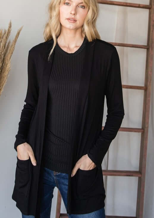 Ladies All Season Long Body Lightweight Open Front Cardigan with Pockets, Available in  Black | Made in USA | Classy Cozy Cool Women's Made in America Clothing Boutique
