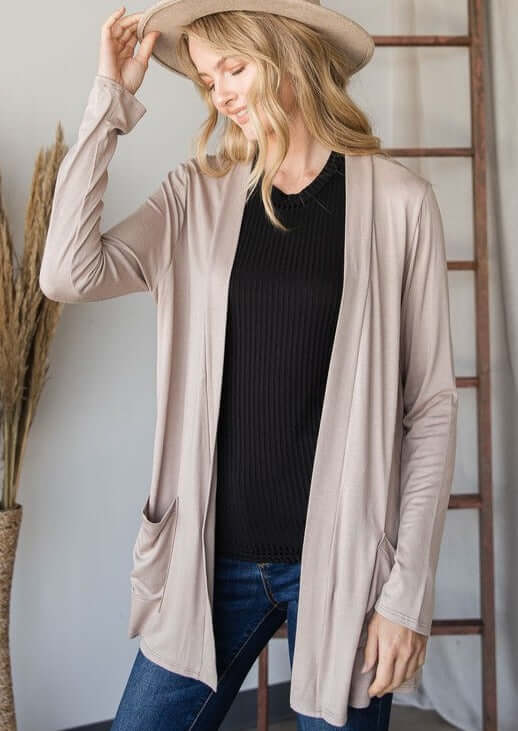 Ladies All Season Long Body Lightweight Open Front Cardigan with Pockets, Available in Taupe | Made in USA | Classy Cozy Cool Women's Made in America Clothing Boutique
