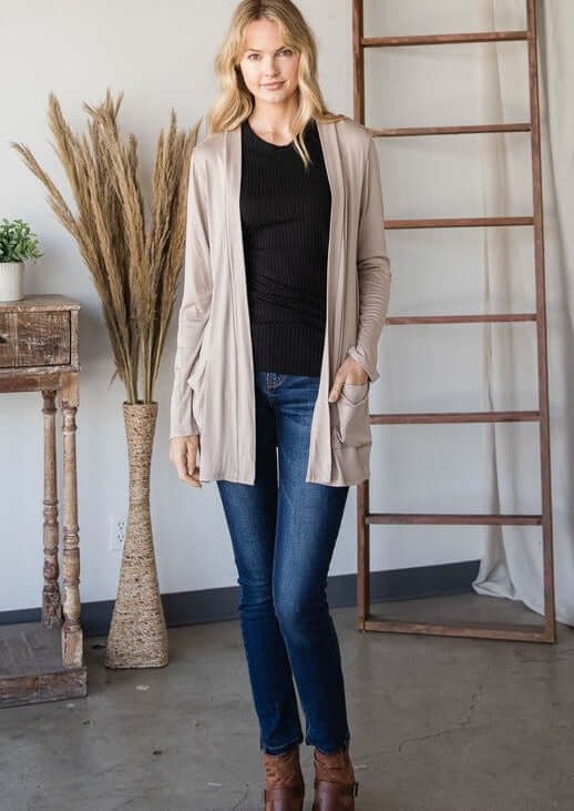 Ladies All Season Long Body Lightweight Open Front Cardigan with Pockets, Available in Taupe | Made in USA | Classy Cozy Cool Women's Made in America Clothing Boutique