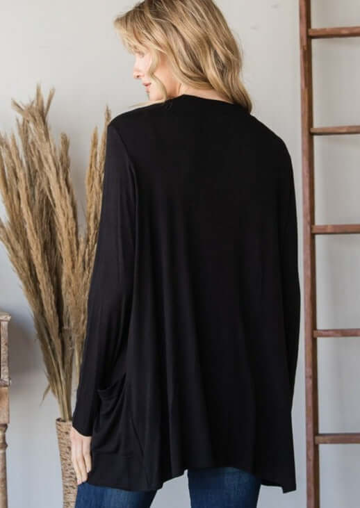Ladies All Season Long Body Lightweight Open Front Cardigan with Pockets, Available in  Black | Made in USA | Classy Cozy Cool Women's Made in America Clothing Boutique