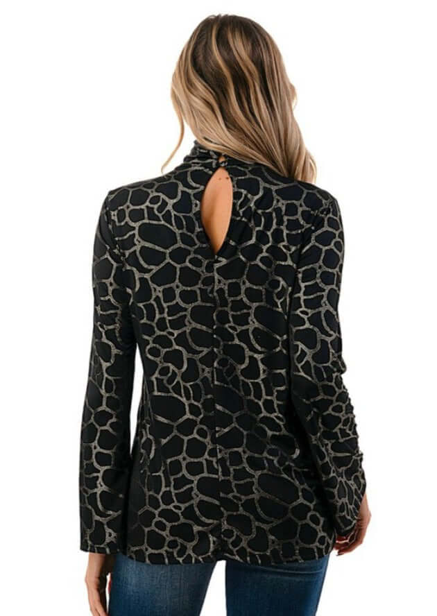 Proudly Made in USA Women's Black & Grey Mock Neck Cut Out Front Detail Animal Print Statement Top with  Keyhole Back Closure | Classy Cozy Cool Made in America Boutique