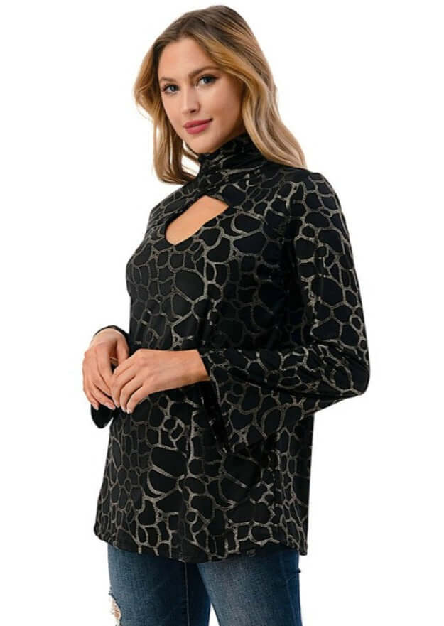 Proudly Made in USA Women's Black & Grey Mock Neck Cut Out Front Detail Animal Print Statement Top with  Keyhole Back Closure | Classy Cozy Cool Made in America Boutique